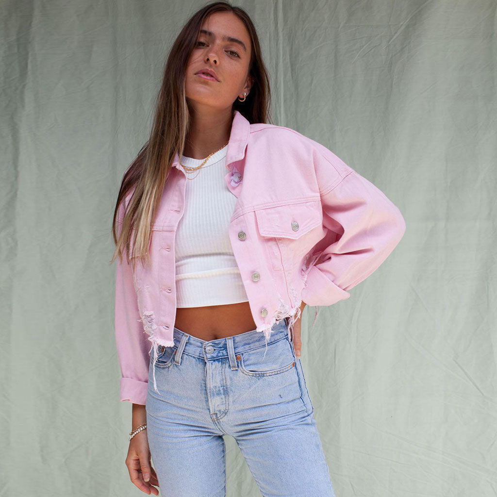 Pink Long Sleeve Button Up Frayed Hem Cropped Denim Jacket