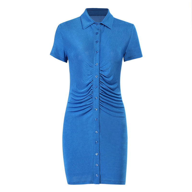 Blue Point Collar Button Down Short Sleeve Ruched Bodycon Shirt Mini Dress