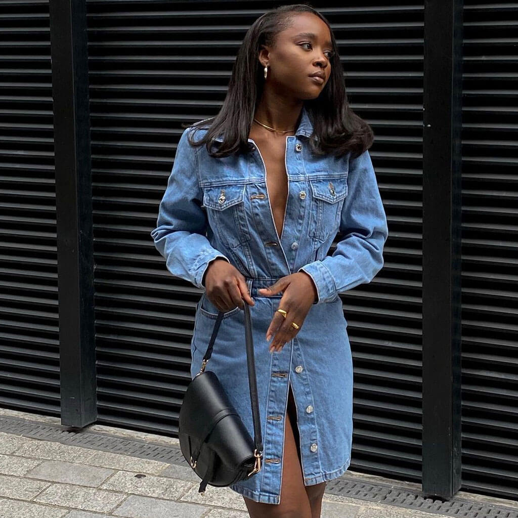 Blue Collared Button Down Long Sleeve Denim Shirt Dress