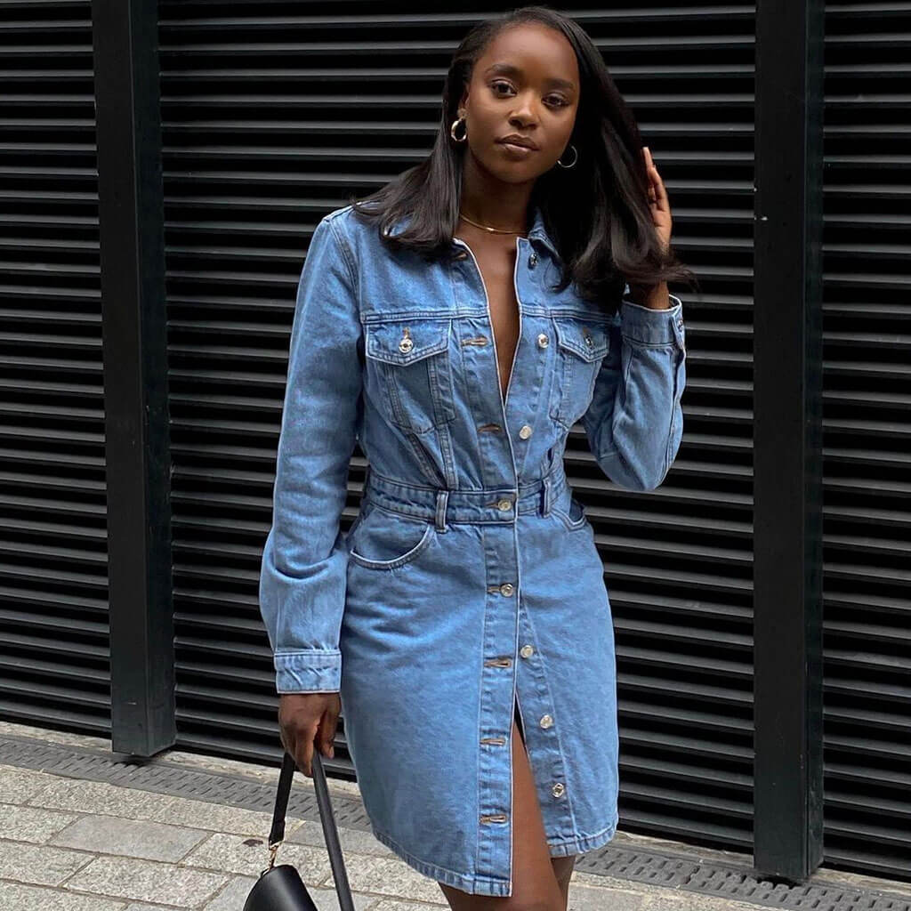 Blue Collared Button Down Long Sleeve Denim Shirt Dress