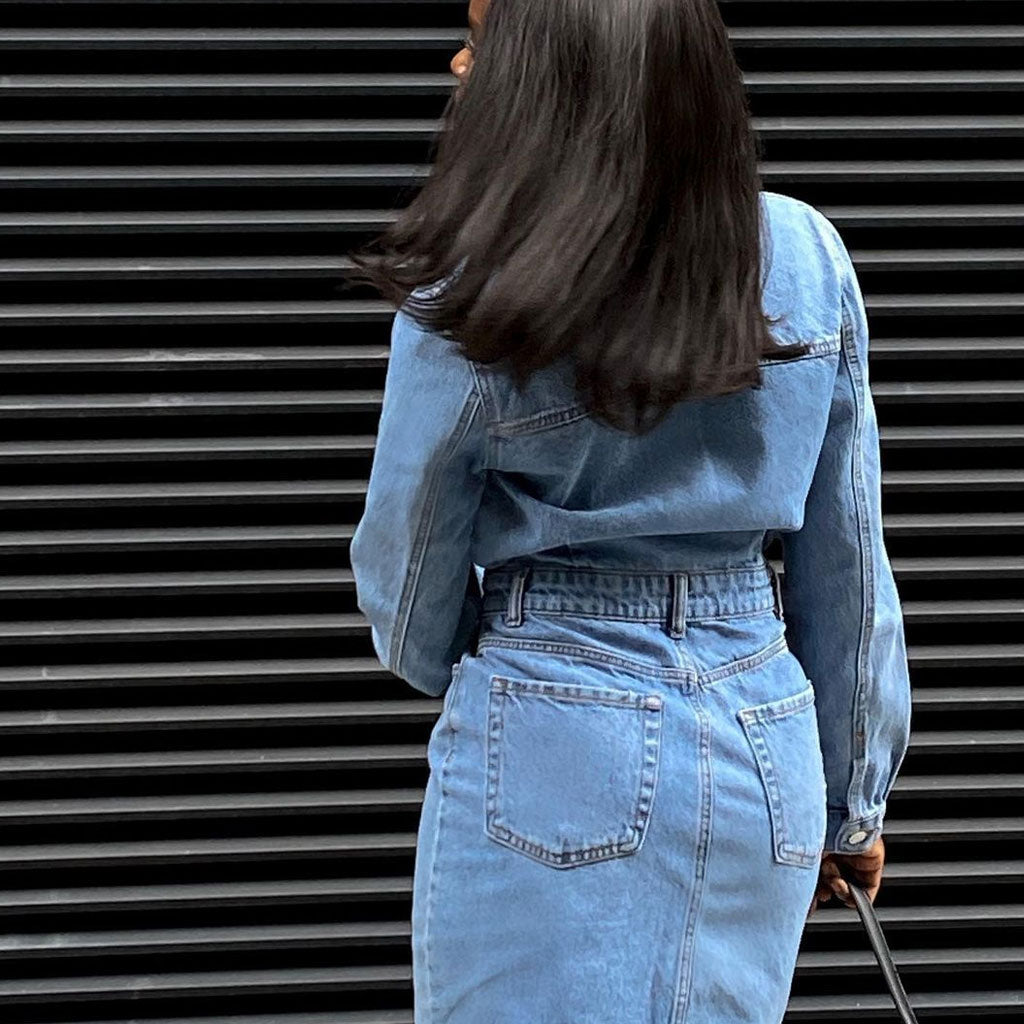 Blue Collared Button Down Long Sleeve Denim Shirt Dress