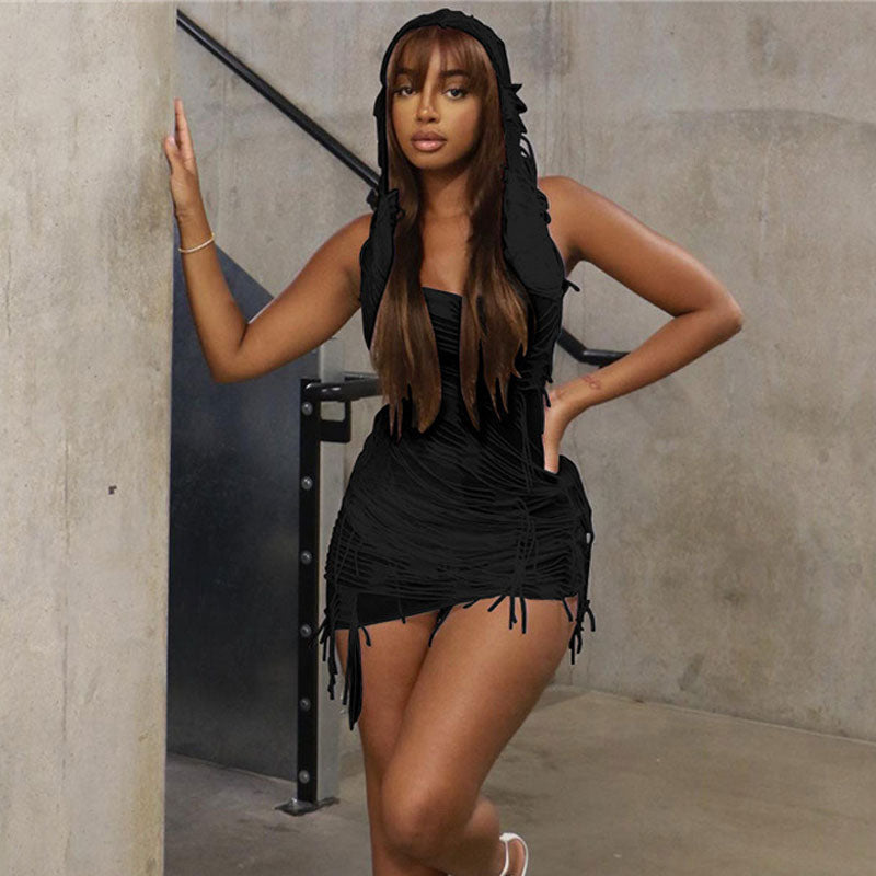 Black Hooded Sleeveless Distressed Fringe Bodycon Mini Dress