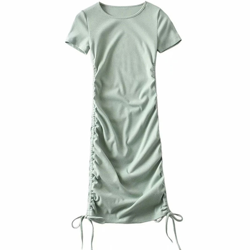 Sage Green Crew Neck Short Sleeve Ribbed Drawstring Ruched Bodycon Mini Dress