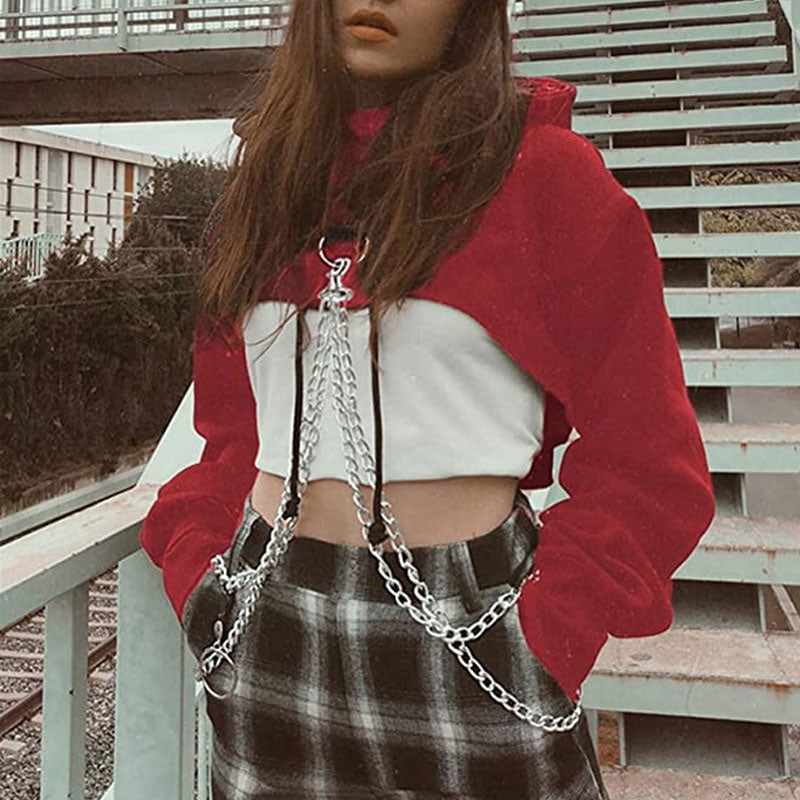 Red Chain Detail Drop Shoulder Long Sleeve Cropped Hoodie