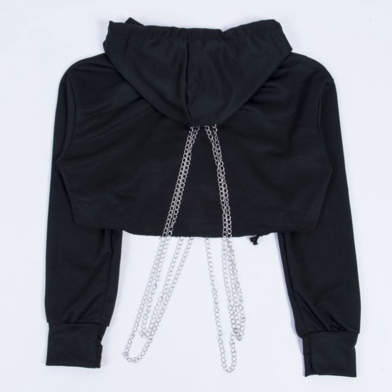 Black Chain Detail Drop Shoulder Long Sleeve Cropped Hoodie