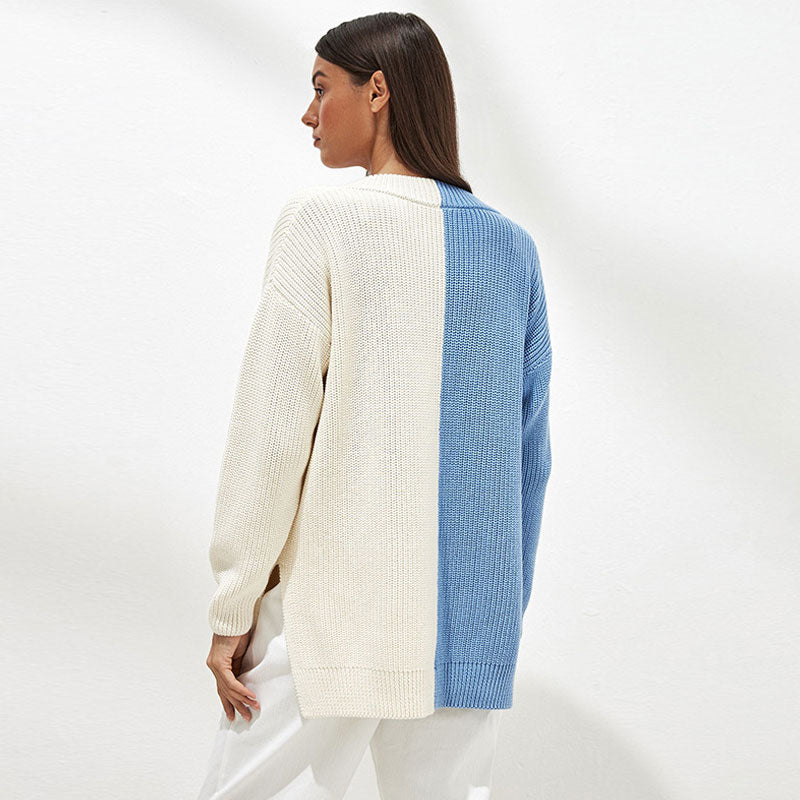 Blue V-Neck Colorblock Drop Shoulder Long Sleeve Knit Sweater