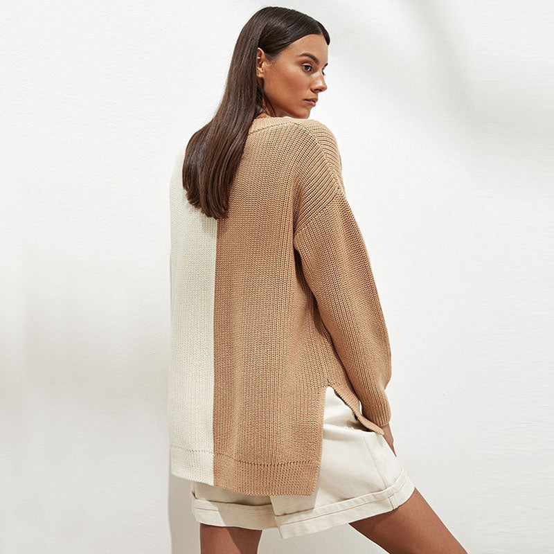 Khaki V-Neck Colorblock Drop Shoulder Long Sleeve Knit Sweater
