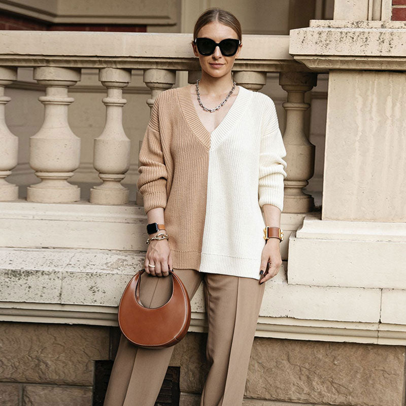 Khaki V-Neck Colorblock Drop Shoulder Long Sleeve Knit Sweater