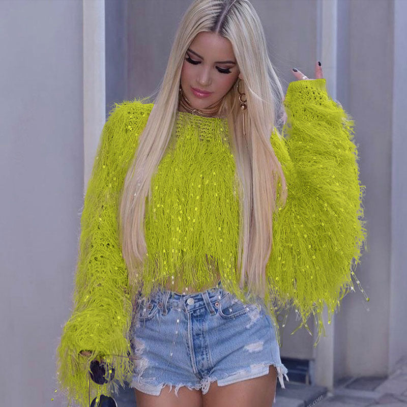 Green Crew Neck Sequin Shaggy Fringe Long Sleeve Cropped Sweater