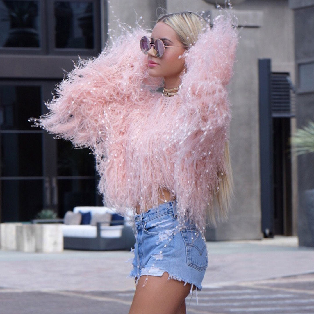 Pink Crew Neck Sequin Shaggy Fringe Long Sleeve Cropped Sweater