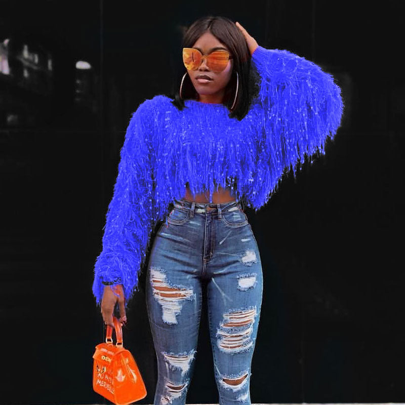 Blue Crew Neck Sequin Shaggy Fringe Long Sleeve Cropped Sweater