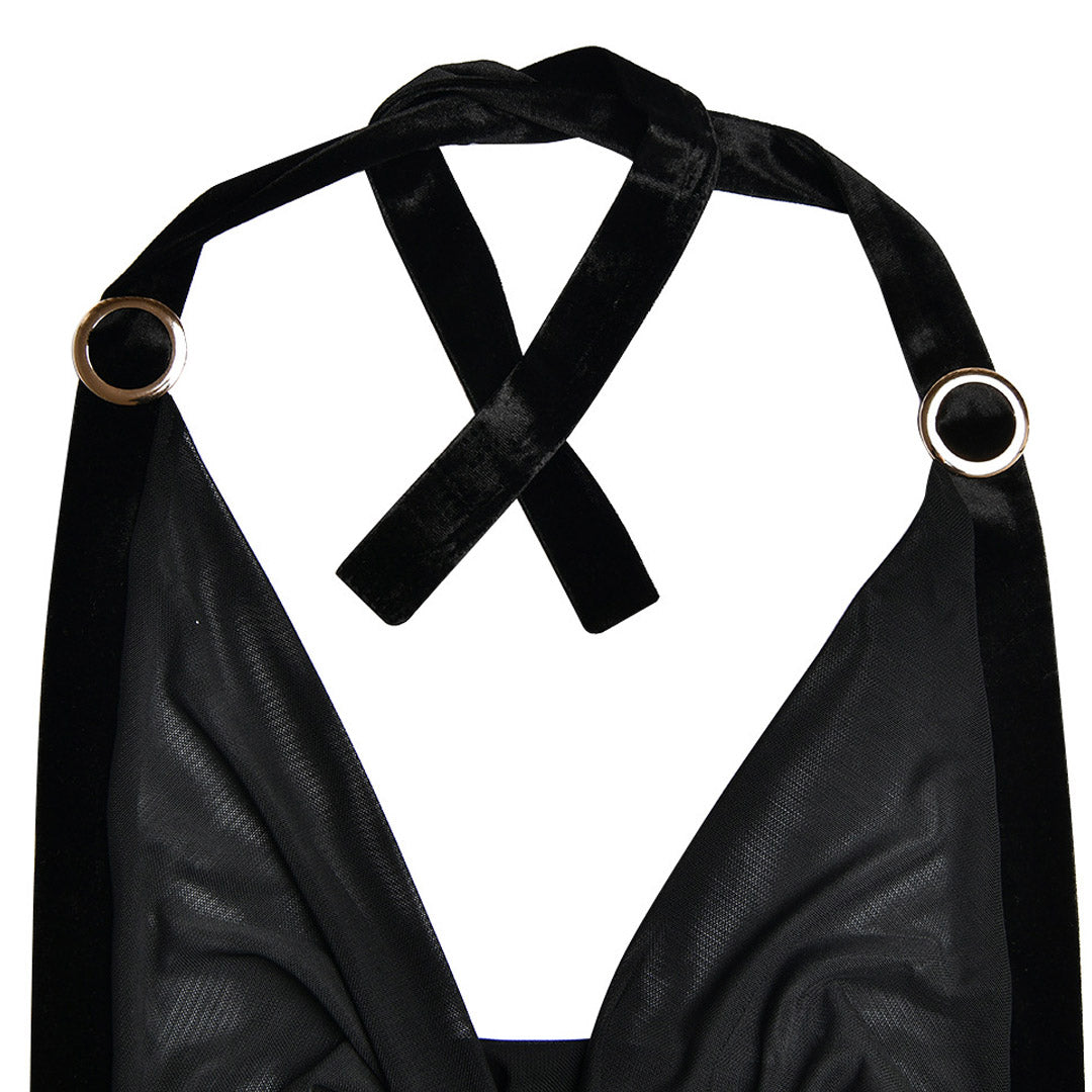 High Split O Ring Halter Cowl Neck Backless Midi Dress - Black