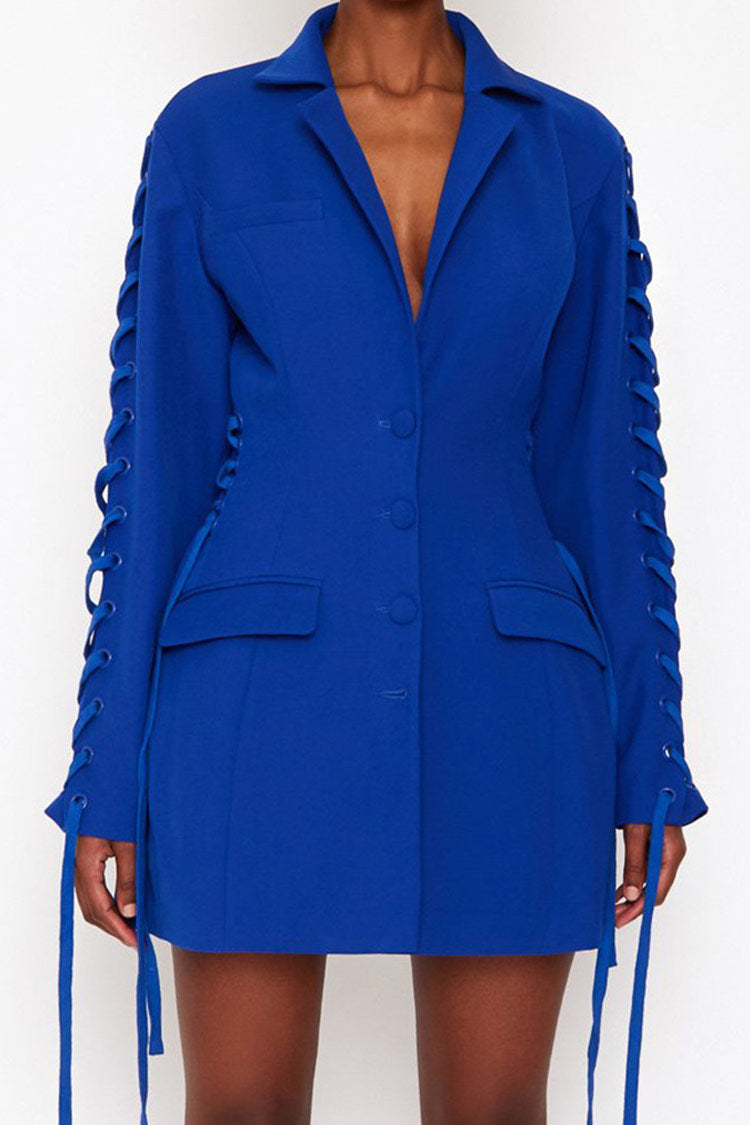 Blue Lapel Collar Lace Up Sleeve Button Front Blazer Mini Dress