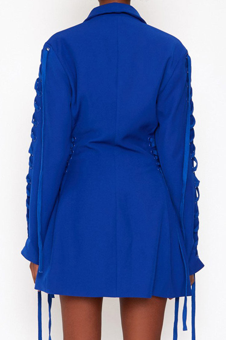 Blue Lapel Collar Lace Up Sleeve Button Front Blazer Mini Dress