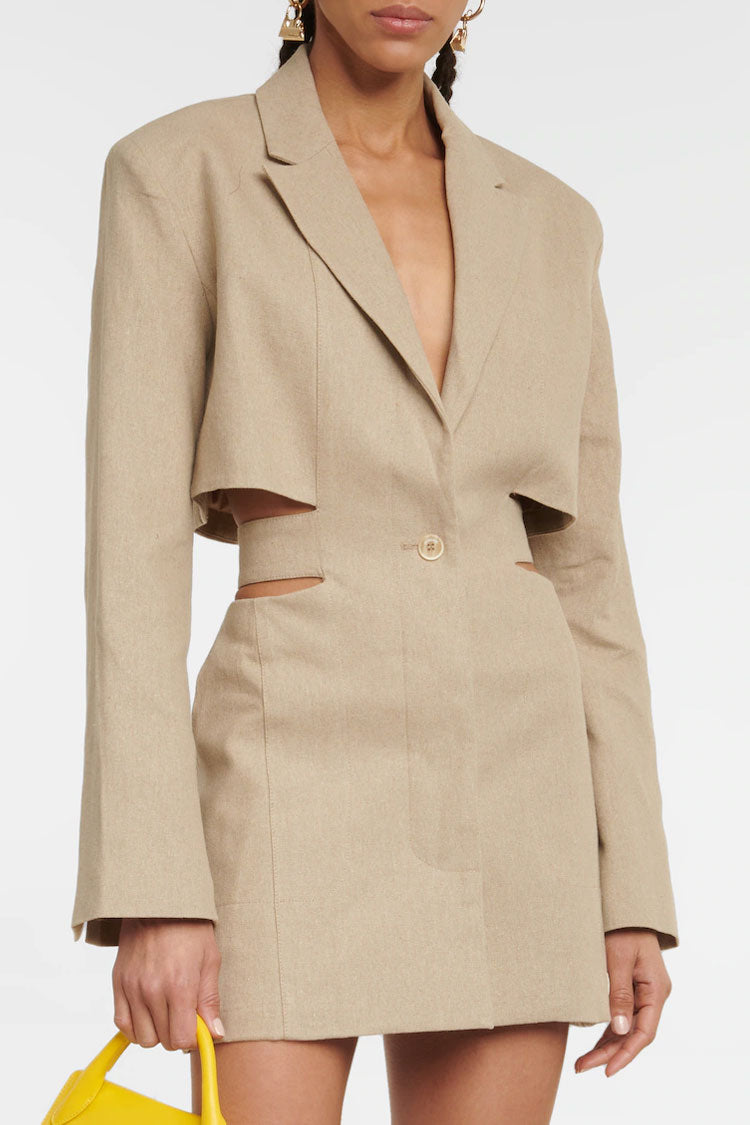 Apricot Lapel Single Breasted Cutout Long Sleeve Blazer Mini Dress