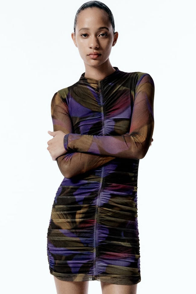 Purple High Neck Printed Mesh Ruched Long Sleeve Bodycon Mini Dress