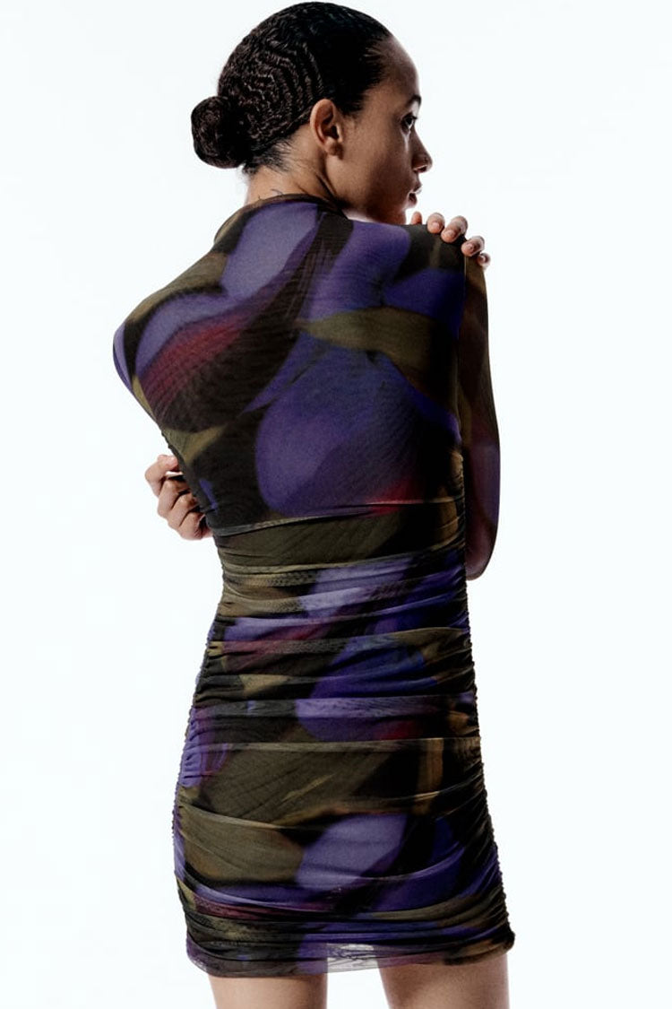 Purple High Neck Printed Mesh Ruched Long Sleeve Bodycon Mini Dress