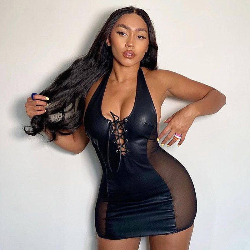 Black Plunge Lace Up Faux Leather Mesh Panel Bodycon Mini Dress