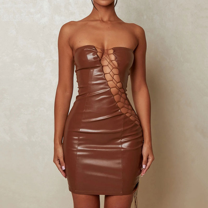 Brown Strapless Faux Leather Lace Up Cut Out Bodycon Mini Dress