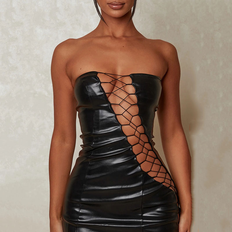 Black Strapless Faux Leather Lace Up Cut Out Bodycon Mini Dress 2