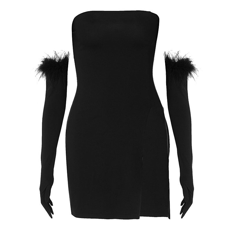 Black Strapless Feather Trim Glove High Slit Bodycon Mini Dress