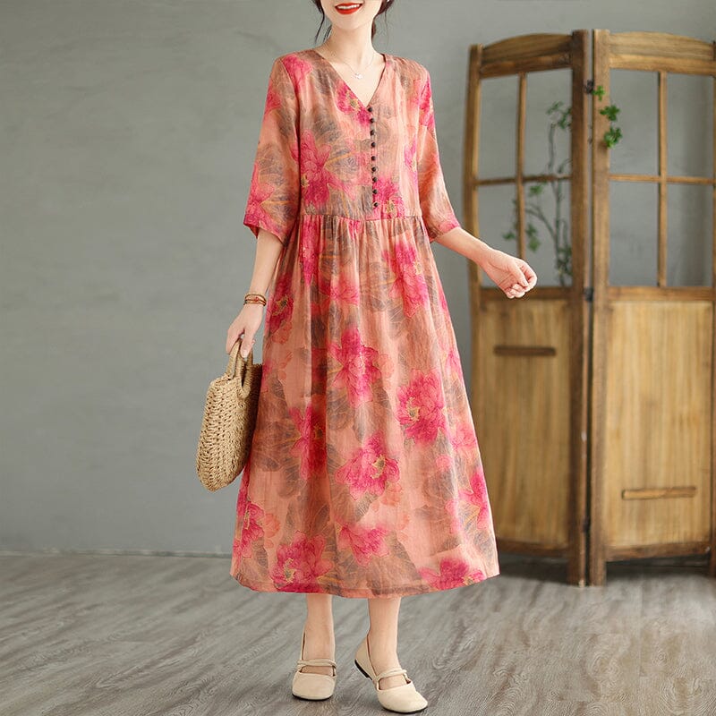 Casual Loose Retro Red Flower Print V-Neck Linen Dress