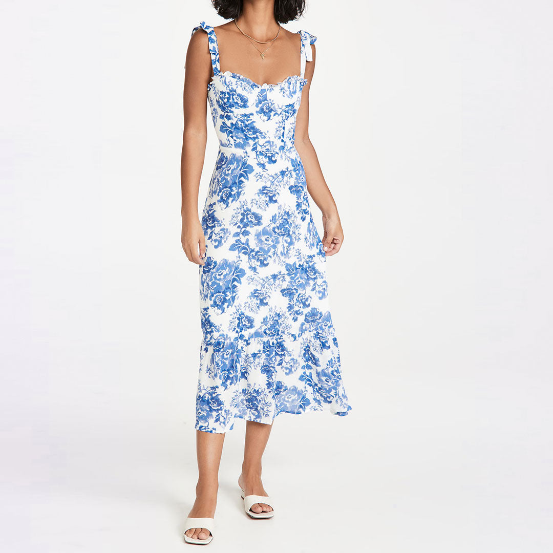 Blue Floral Print Tie Strap Sweetheart Neck A-Line Midi Dress