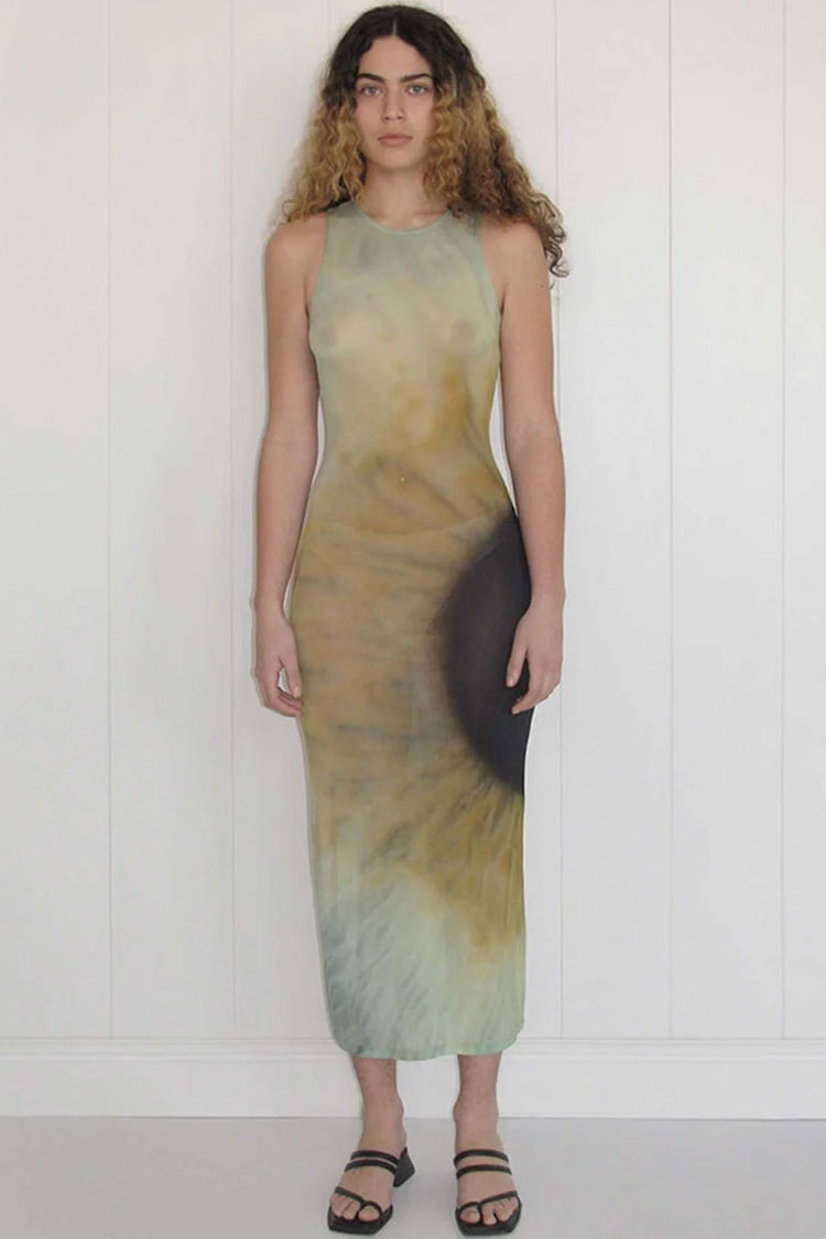 Aquamarine Round Neck Sleeveless Tie Dye Sheer Mesh Bodycon Maxi Dress