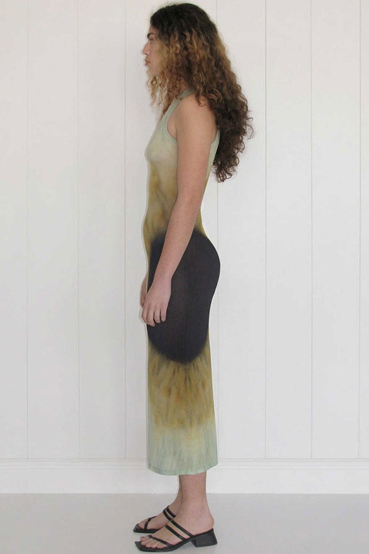 Aquamarine Round Neck Sleeveless Tie Dye Sheer Mesh Bodycon Maxi Dress