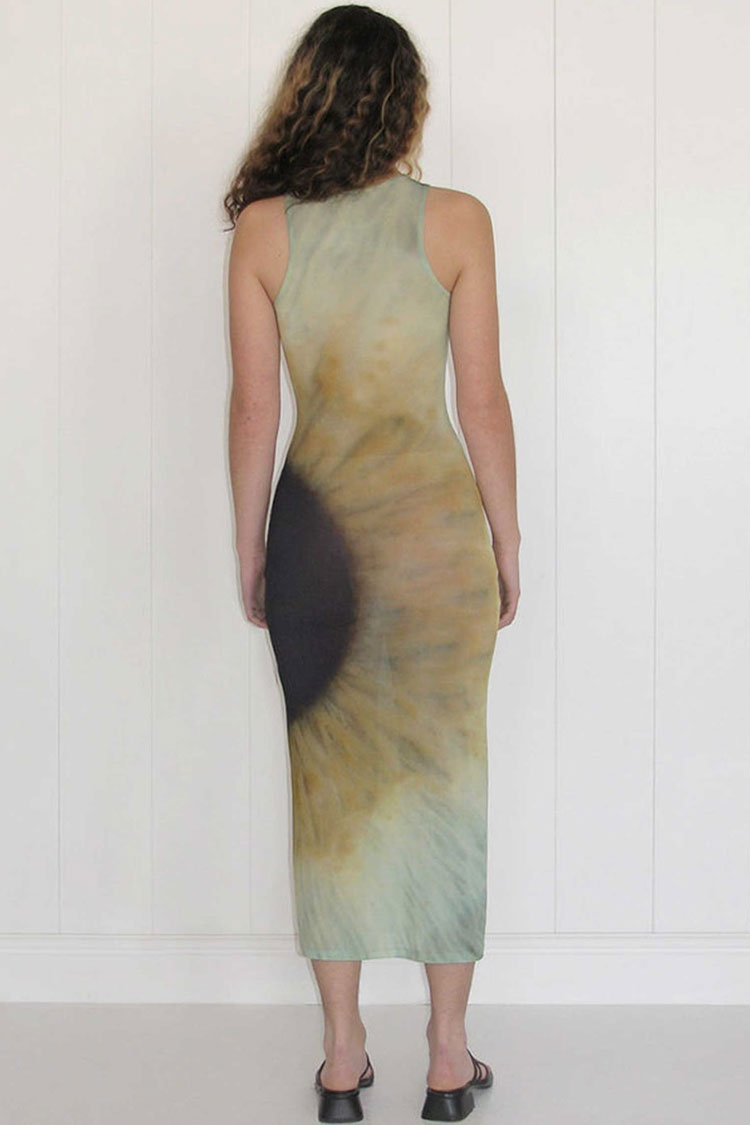 Aquamarine Round Neck Sleeveless Tie Dye Sheer Mesh Bodycon Maxi Dress