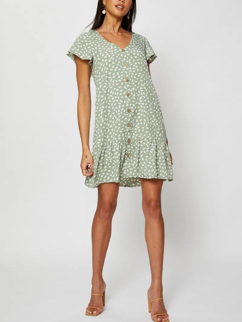 V-neck Single Breasted Printed Dress