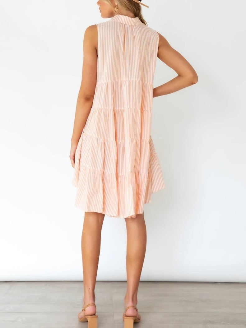 Sleeveless Lapel Stripe Button Dress