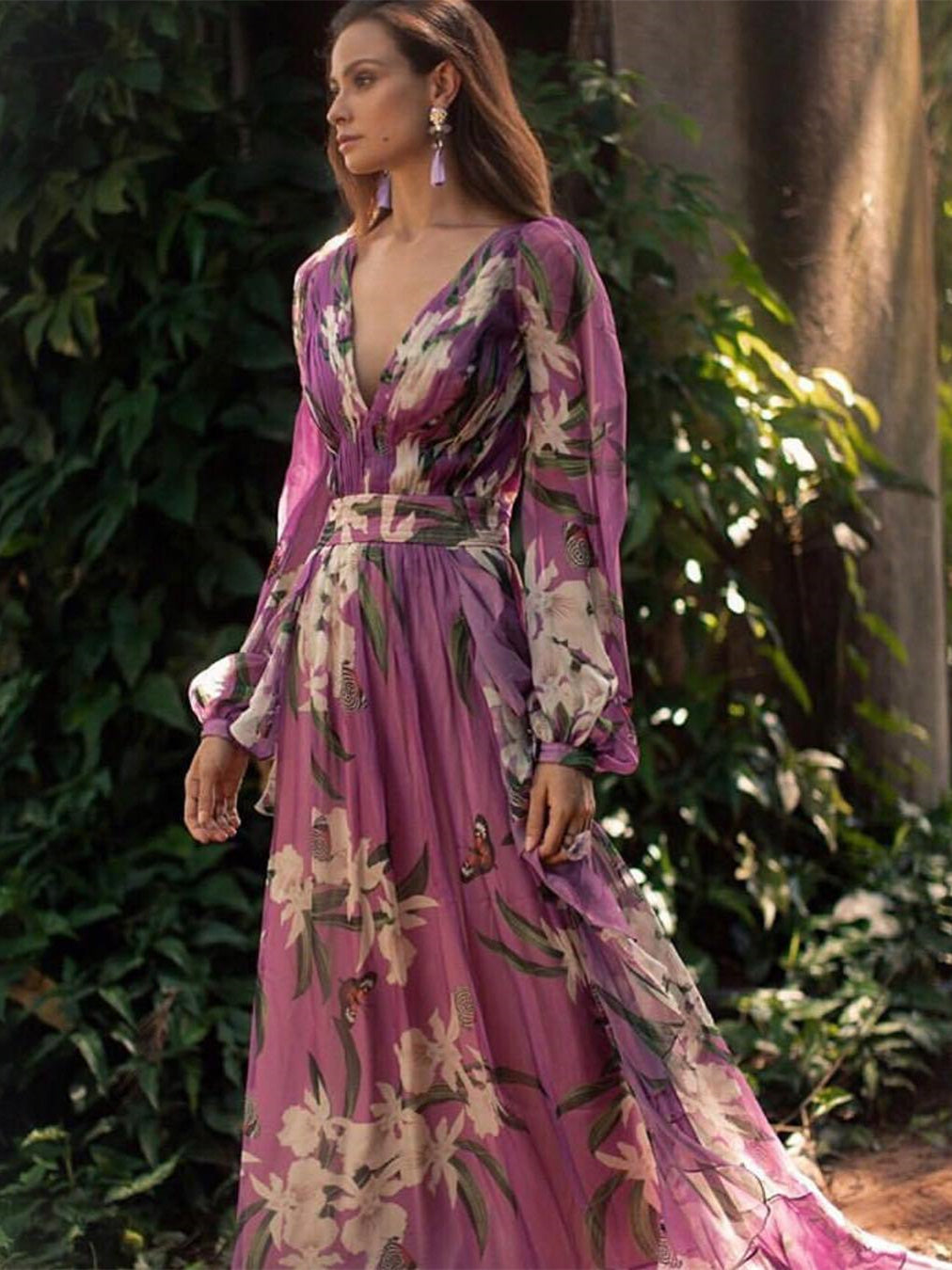 V-Neck Long Sleeve Printed Swing Dress