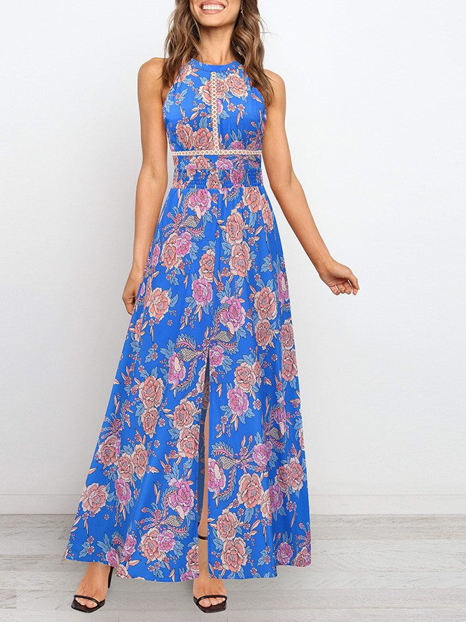 Halter Cut-out Split Floral Dress