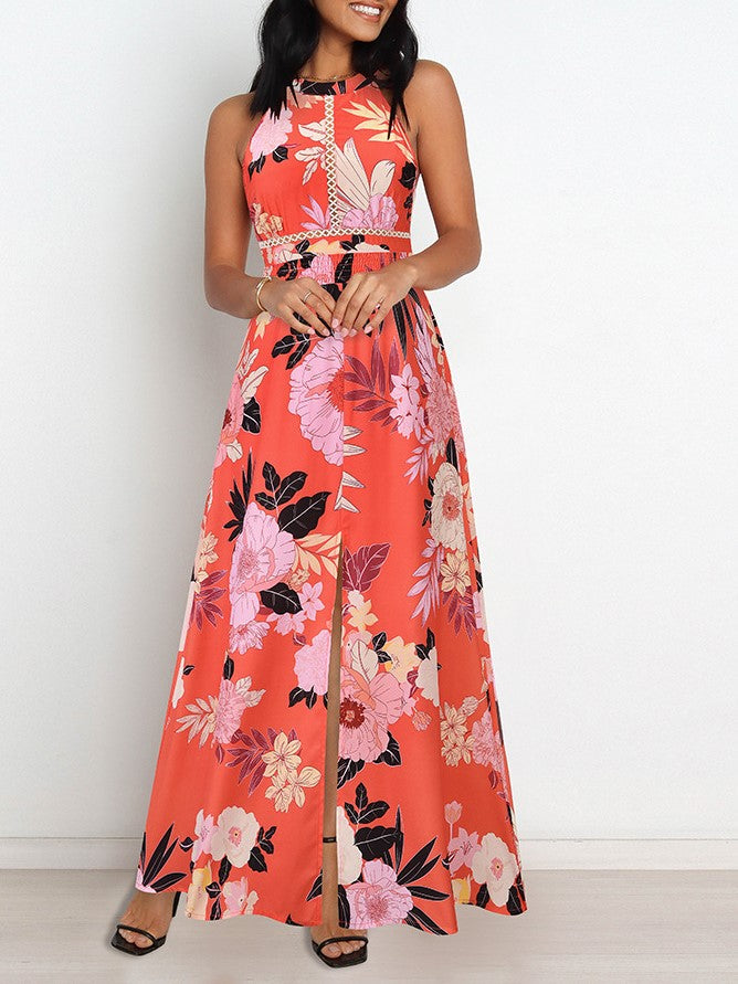 Halter Cut-out Split Floral Dress