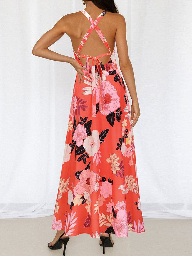 Halter Cut-out Split Floral Dress