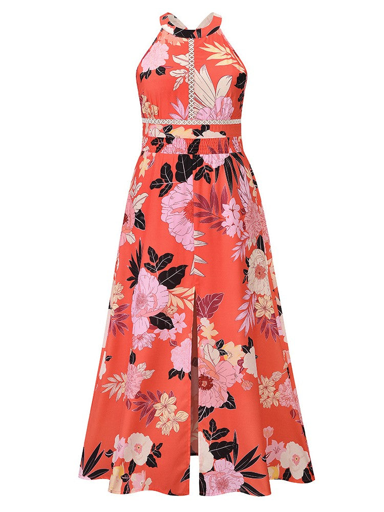 Halter Cut-out Split Floral Dress
