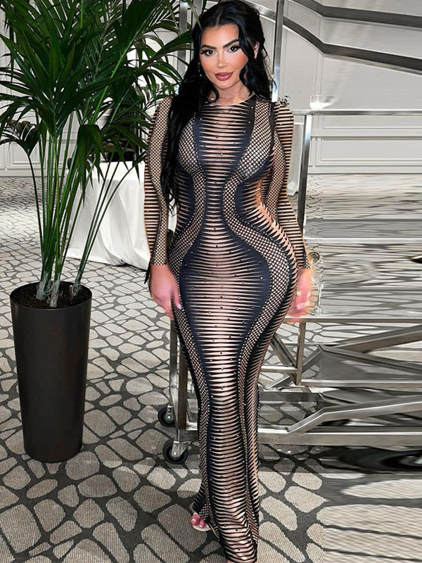 Printed Long Sleeve Slim Fit Slit Dress