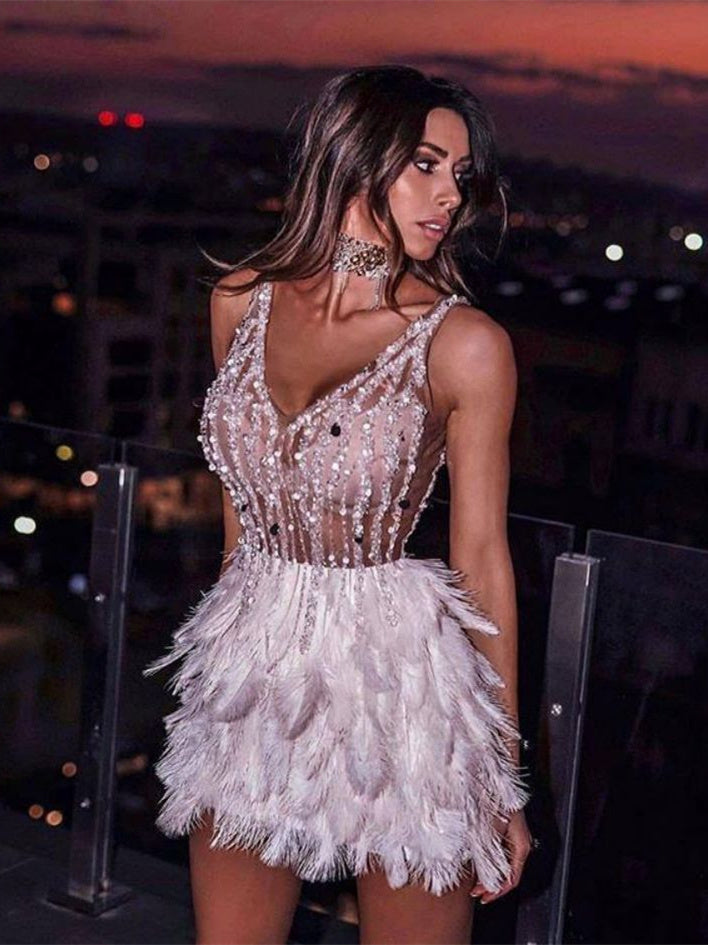 Luxurious Feather V-Neck Evening Dress