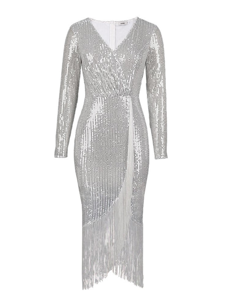 Sequined High Stretch Slit Fringe Dress Cocktail Evening Dress