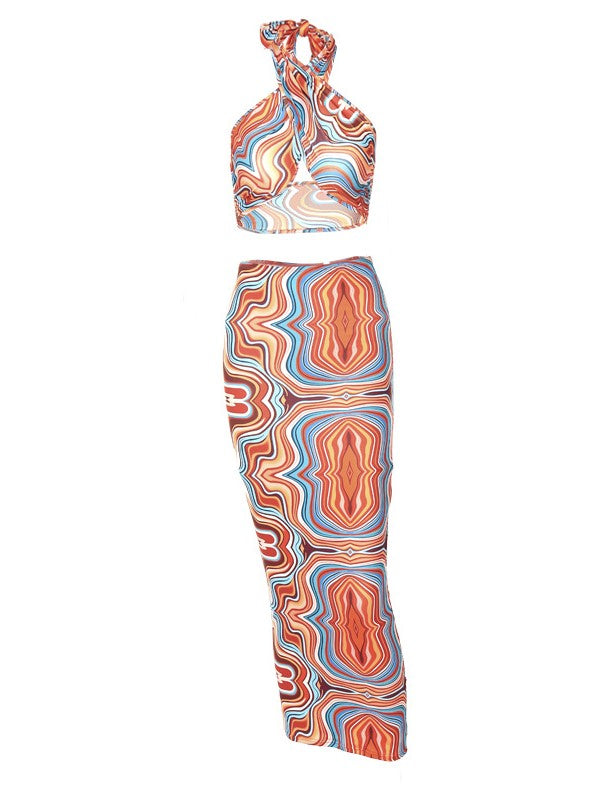 Printed Halter Halter Lace Up Bra Skirt Set