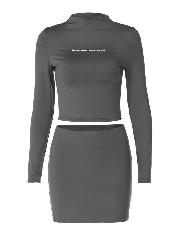 Letter Print Long Sleeve Slim Short Skirt Two Piece Set