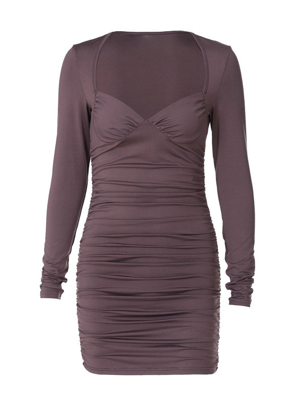 Deep V Tube Top Long Sleeve Slim Fit Wrinkled Fashion Dress