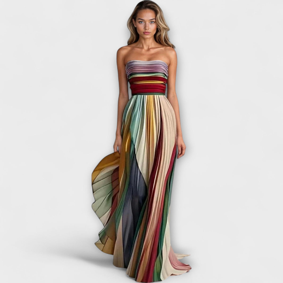 Multi Colored Strapless Striped Print Pleated Flowy A-Line Maxi Gown