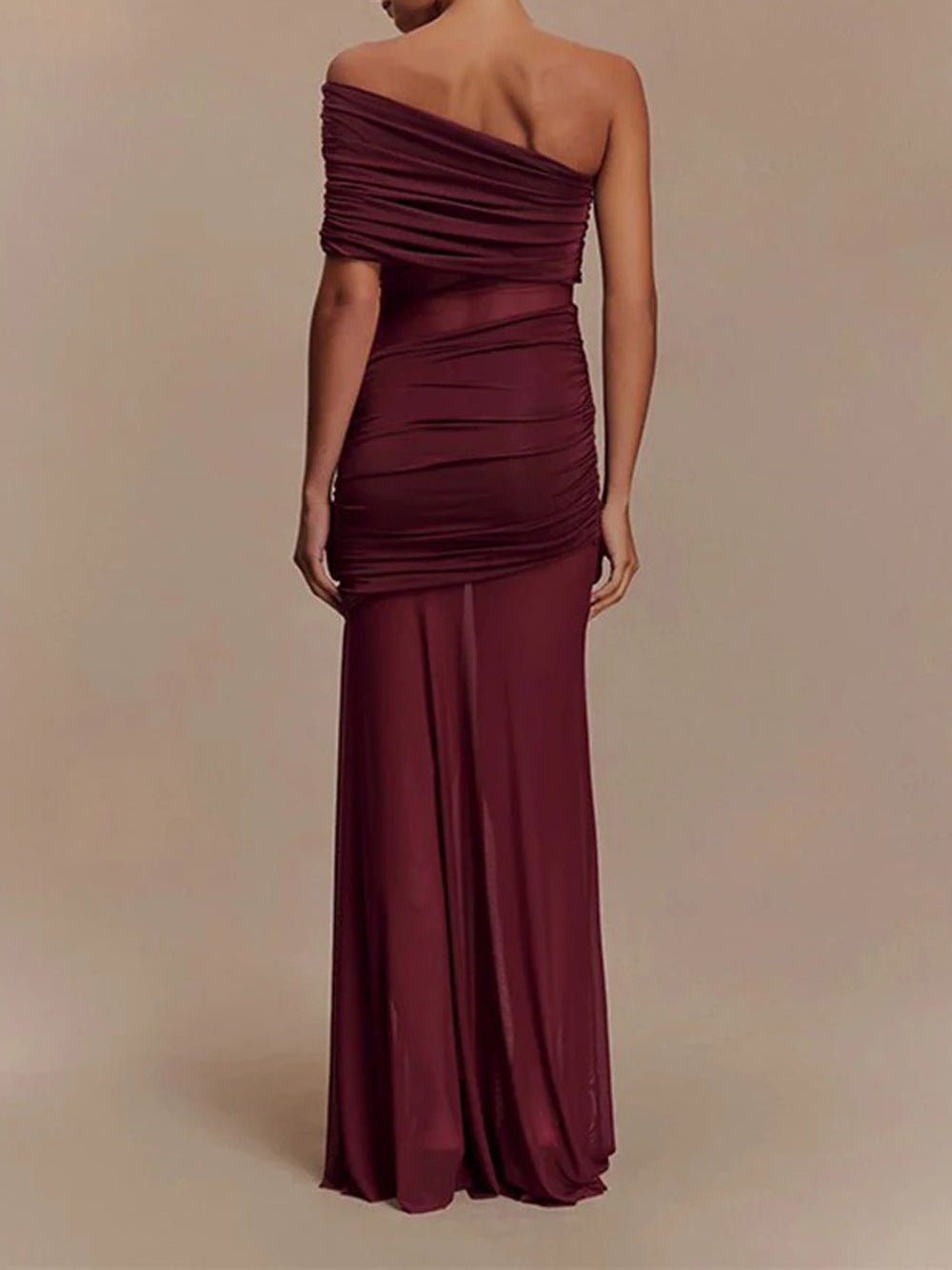 One Shoulder Ruched Mesh Midriff Cut Out Sheer Mesh Maxi Dress 10