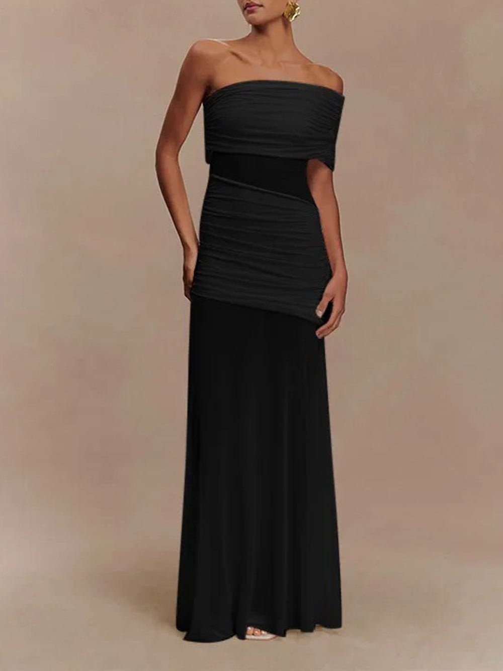 One Shoulder Ruched Mesh Midriff Cut Out Sheer Mesh Maxi Dress 3