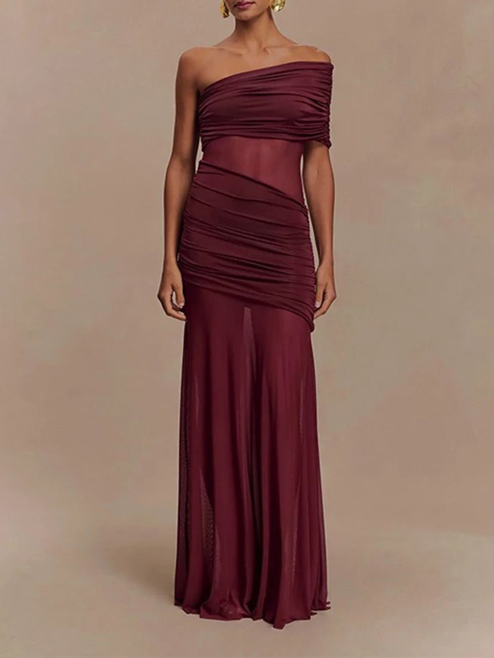One Shoulder Ruched Mesh Midriff Cut Out Sheer Mesh Maxi Dress 8