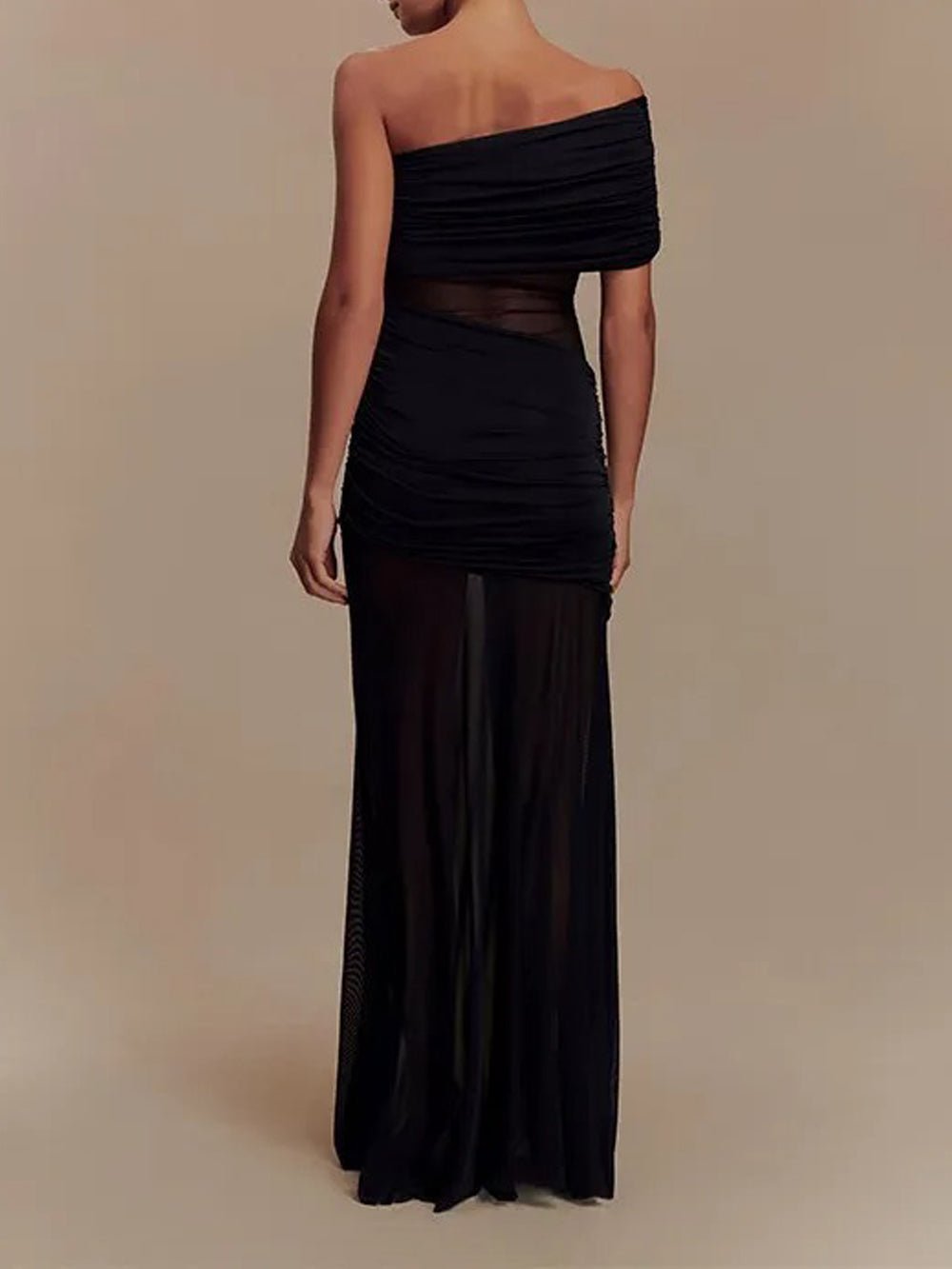 One Shoulder Ruched Mesh Midriff Cut Out Sheer Mesh Maxi Dress 2