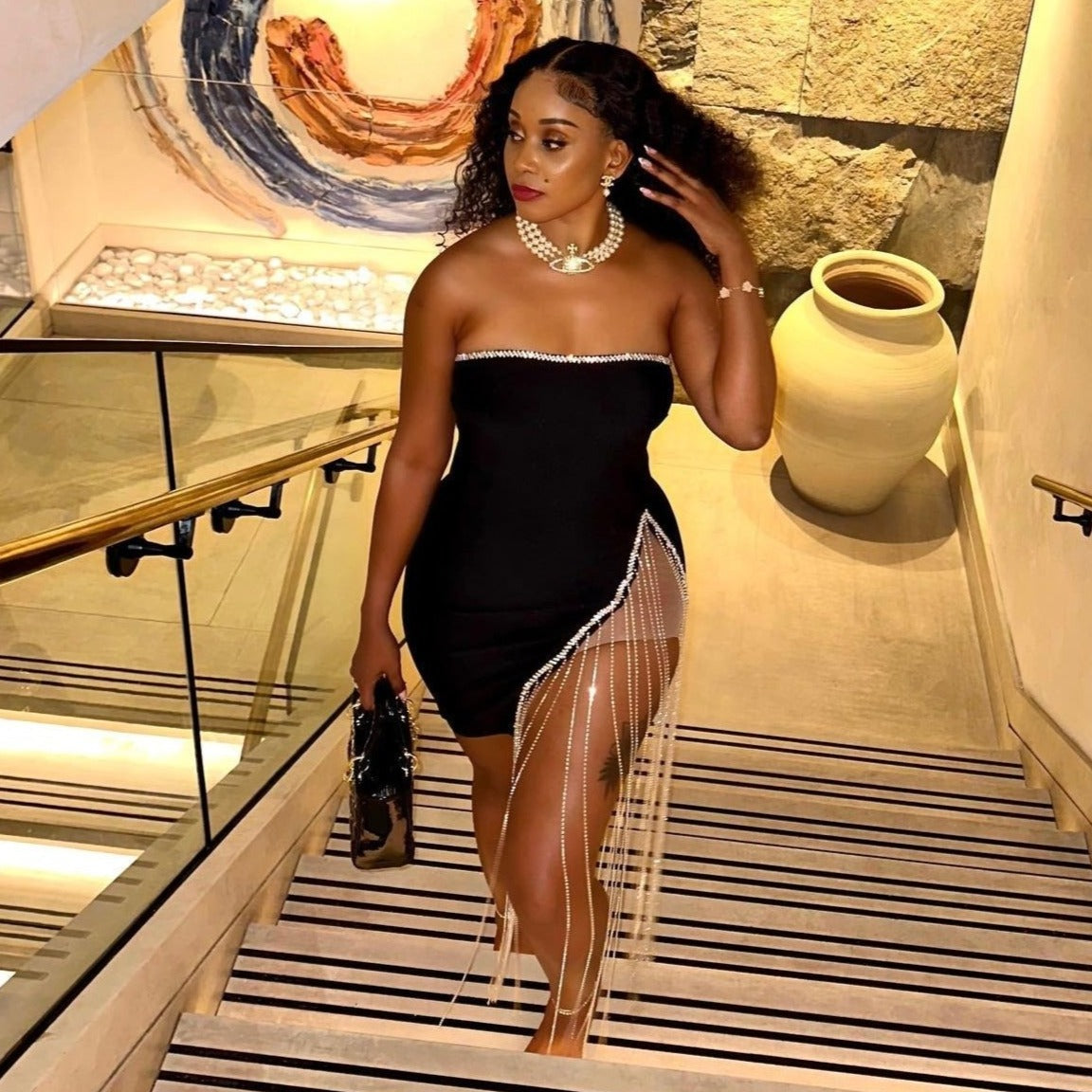 Black Strapless Rhinestone Tassel Fringe Asymmetric Bodycon Mini Dress