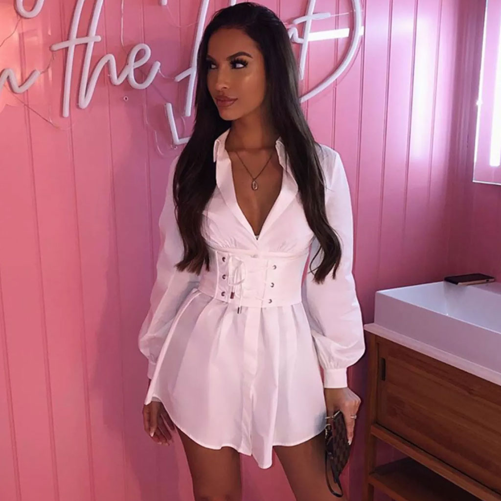 White Collared Long Sleeve Corset Belt Button Down Shirt Mini Dress